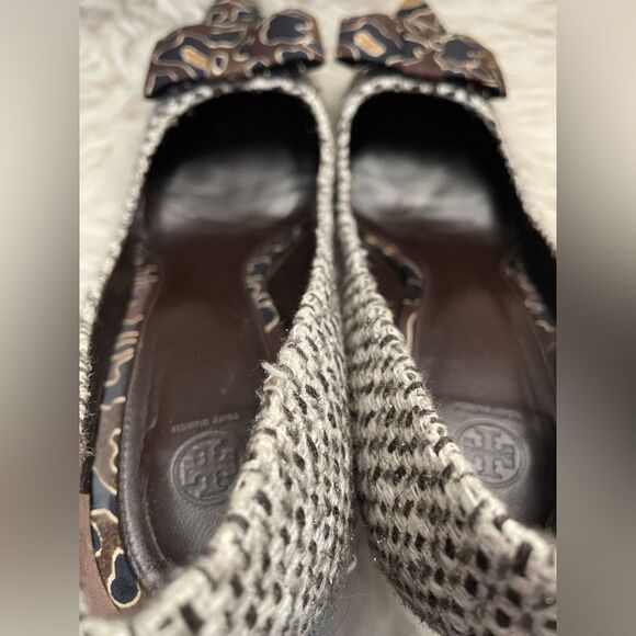 Tory Burch Heels Cleo Tweed Silk Bow Navy Mix Media 8.5 - Picture 6 of 13